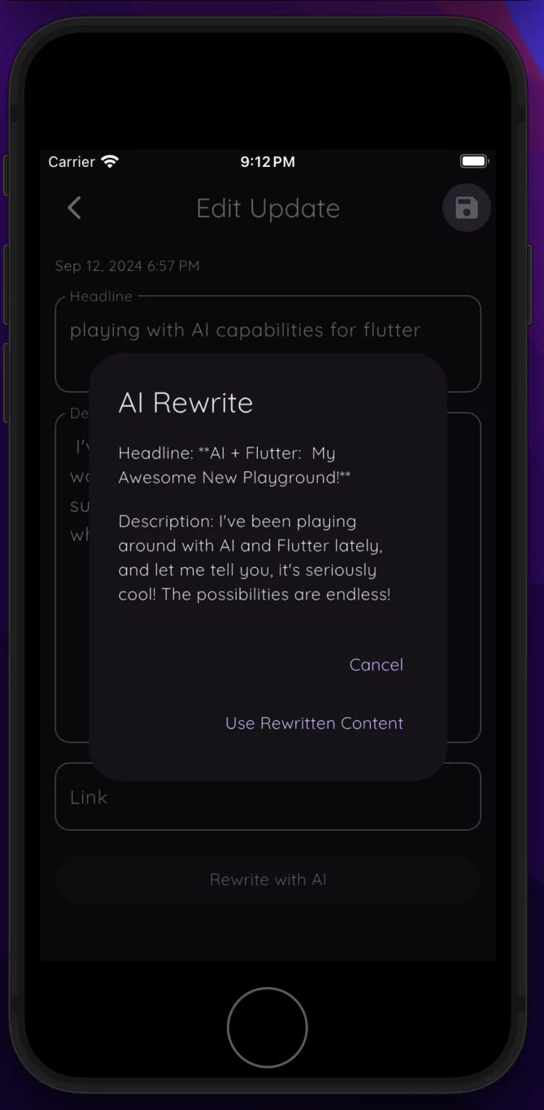 Rewrite with AI Screen