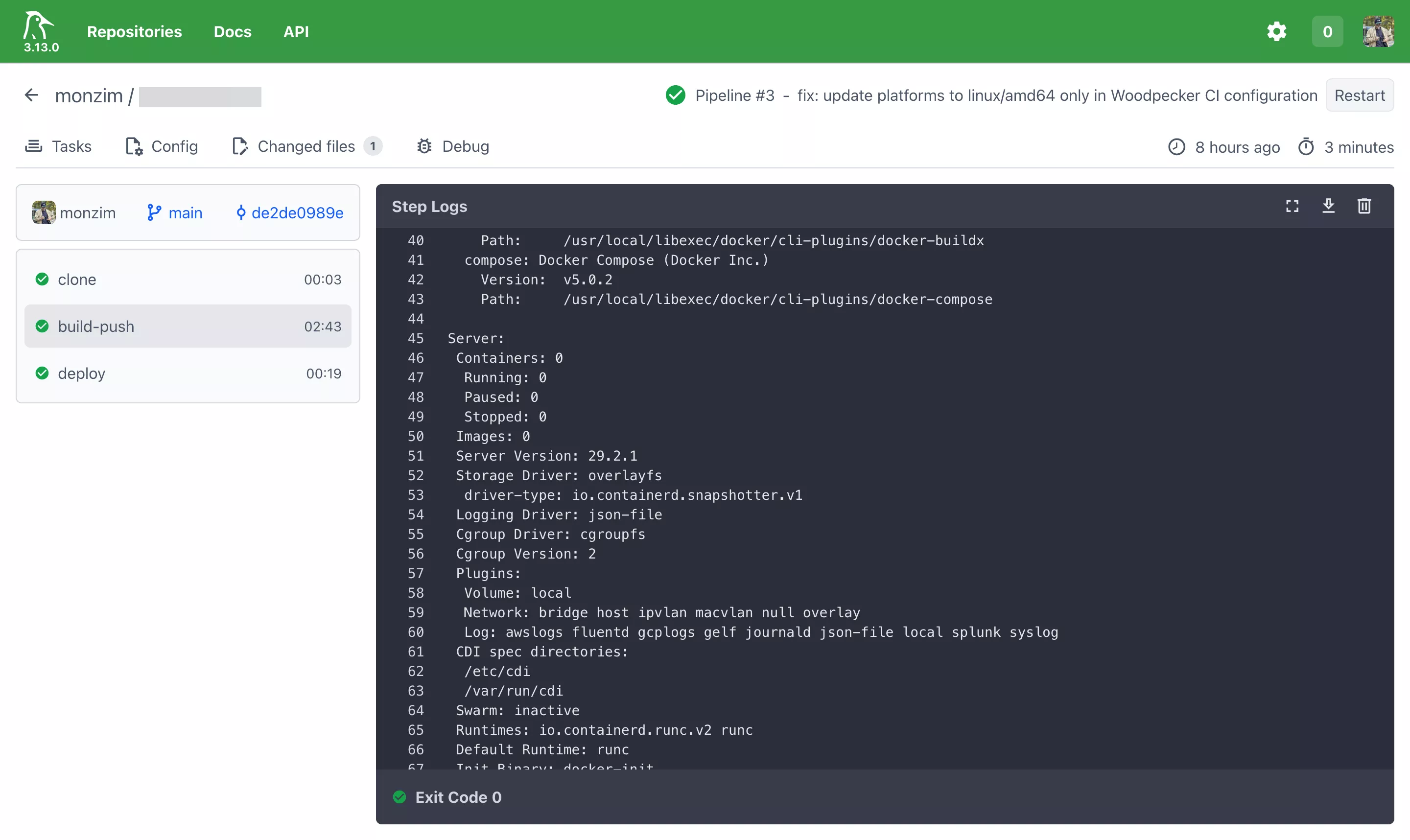 Woodpecker pipeline view showing all four steps (test, build, deploy, notify) with green checkmarks