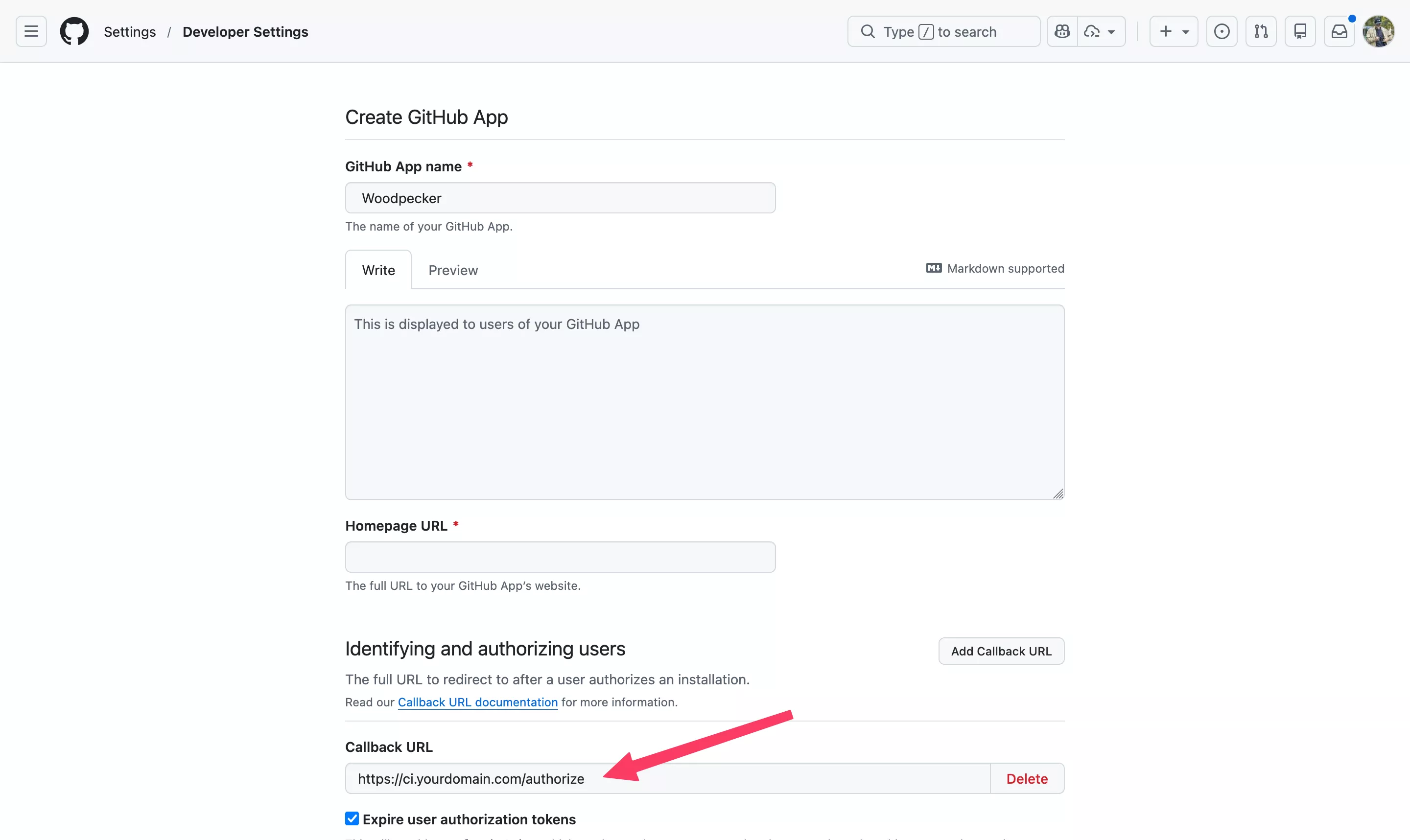 GitHub OAuth App creation form with the callback URL filled in