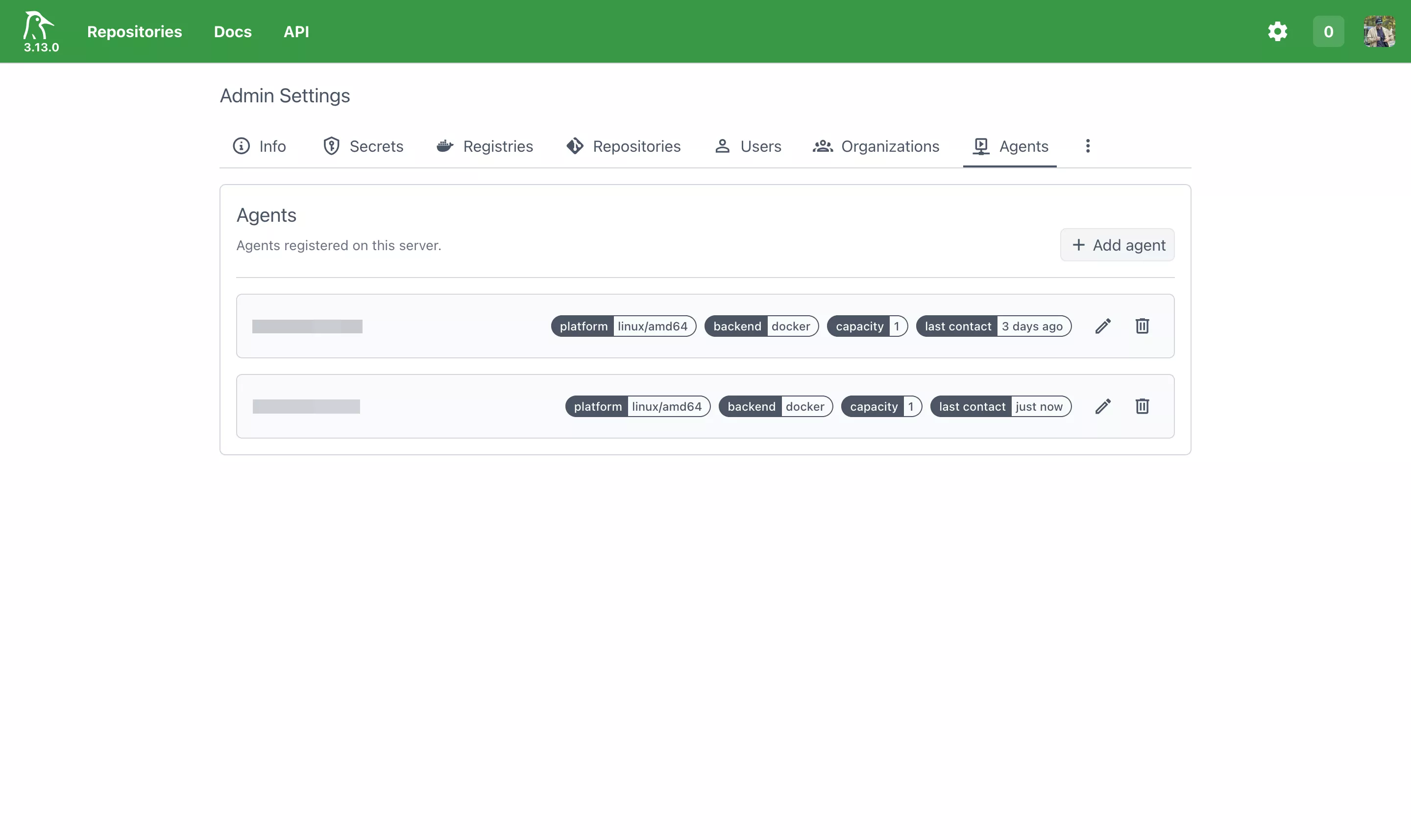 Woodpecker deployment running on the server with active agents connected, visible in the admin panel