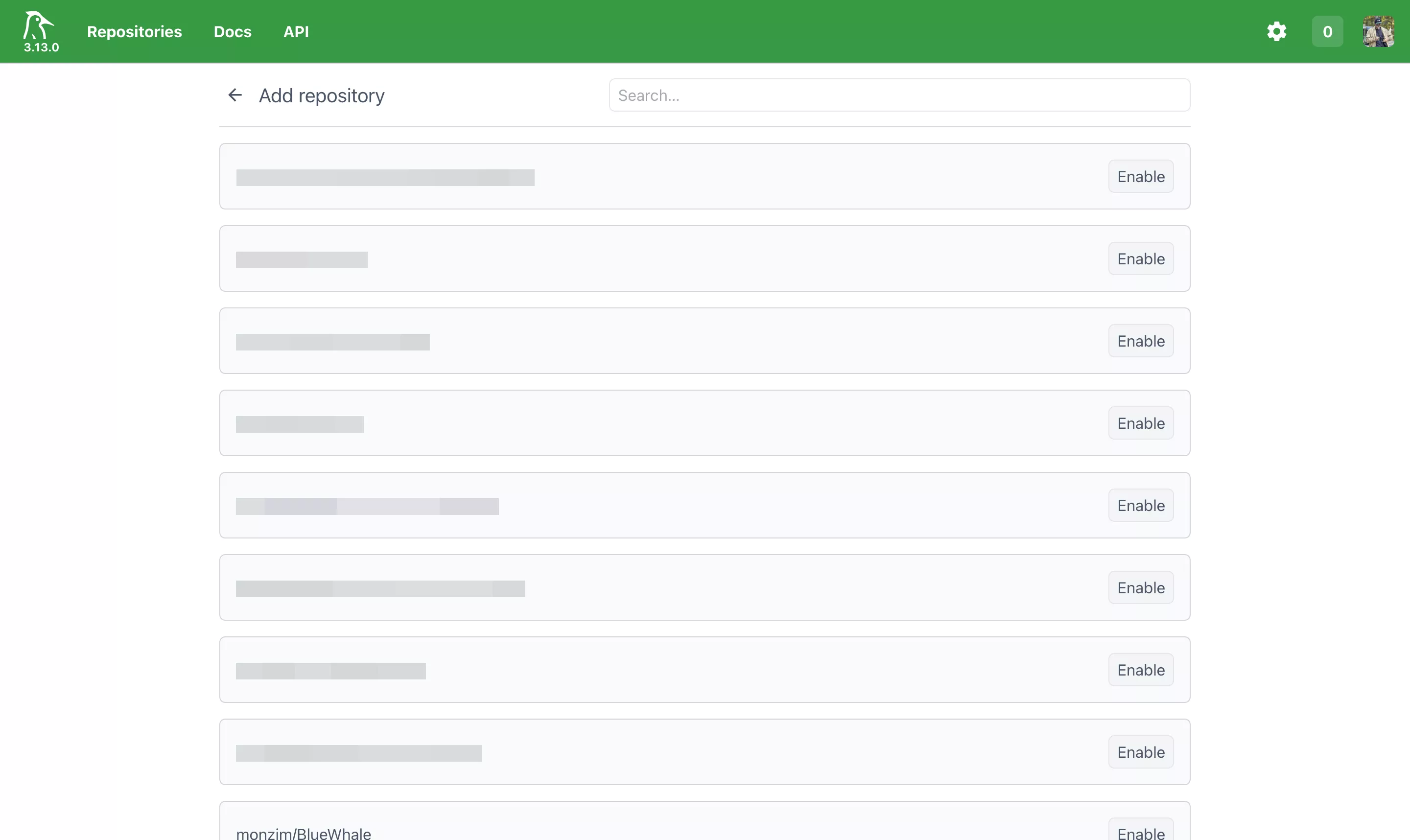 Woodpecker repository list showing several repositories with toggles enabled