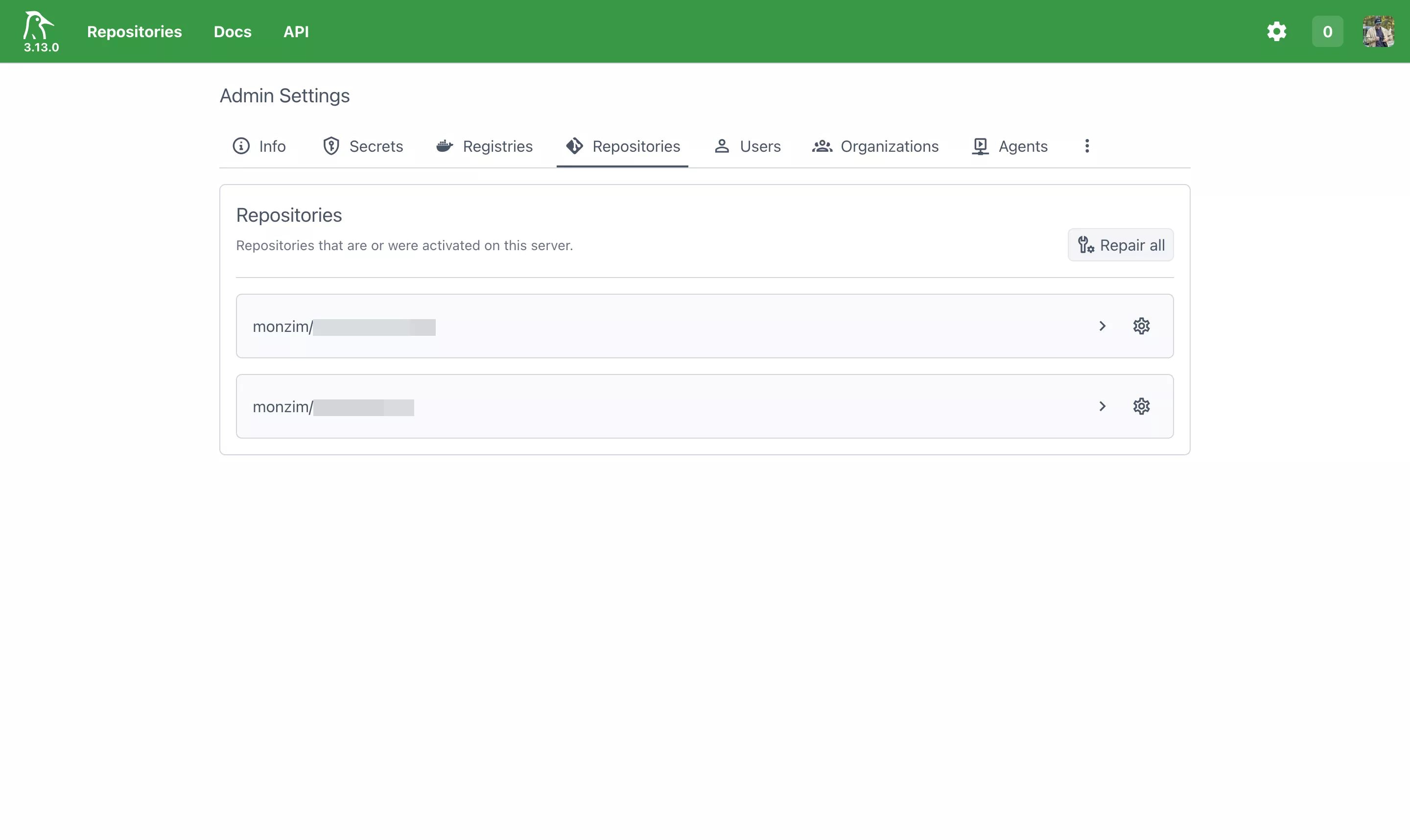Woodpecker repository settings page showing forge integration with GitHub