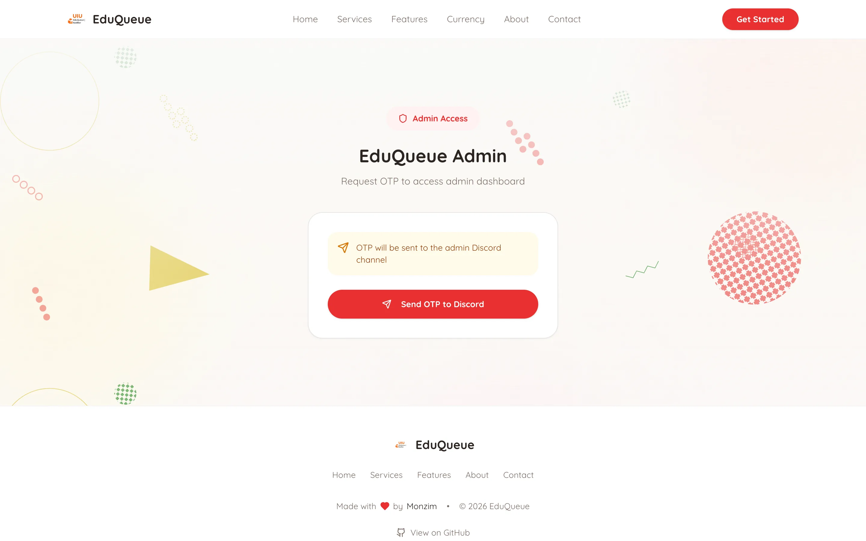 EduQueue admin login screen with the headline EduQueue Admin, subtitle Request OTP to access admin dashboard, a notice that the OTP will be sent to the admin Discord channel, and a red Send OTP to Discord button.
